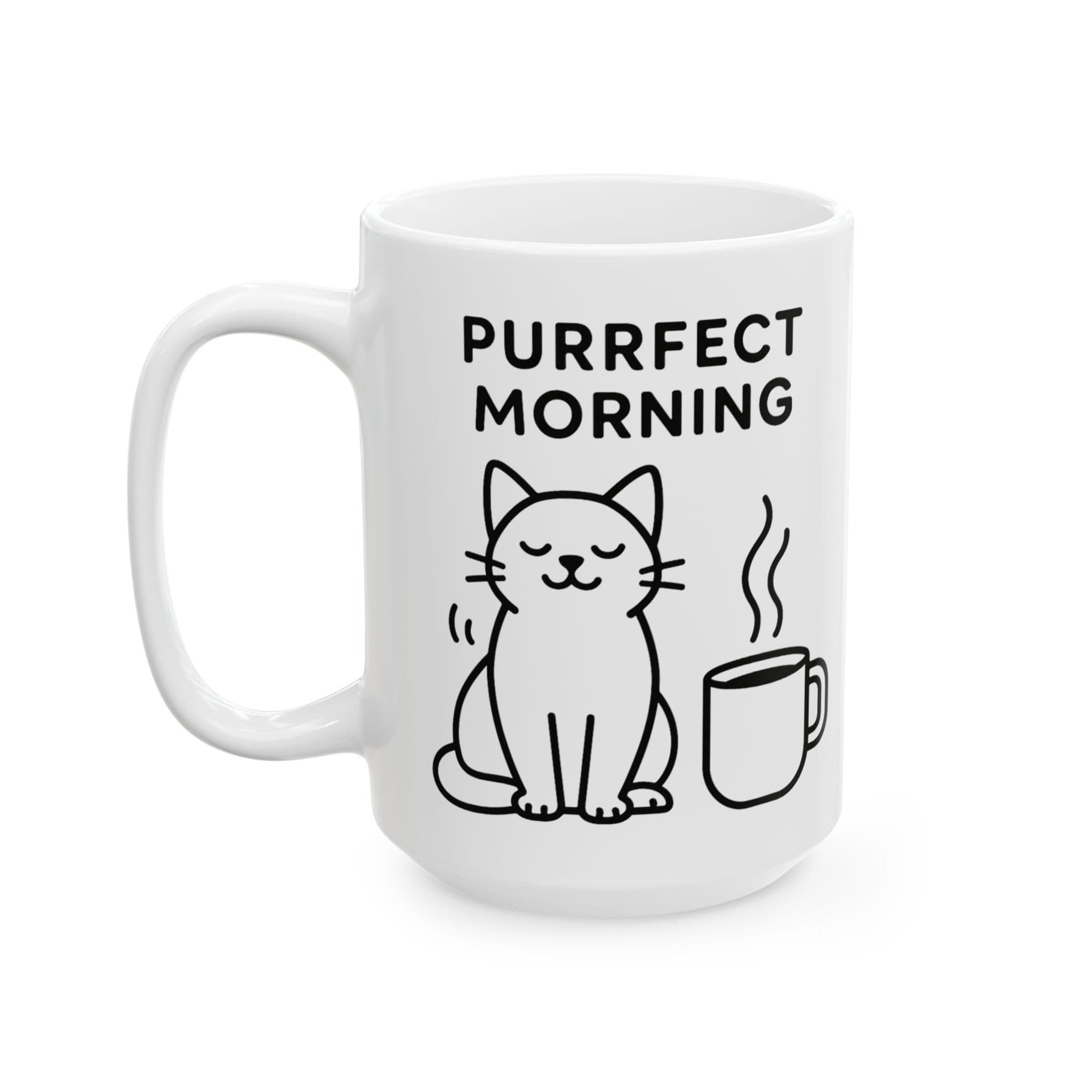 Cat Mug Purrfect Morning Funny Cat Coffee Cup 15oz Large Minimal Line Art Cat and Coffee Design Cute Cat Lover Gift for Cat Moms Dads