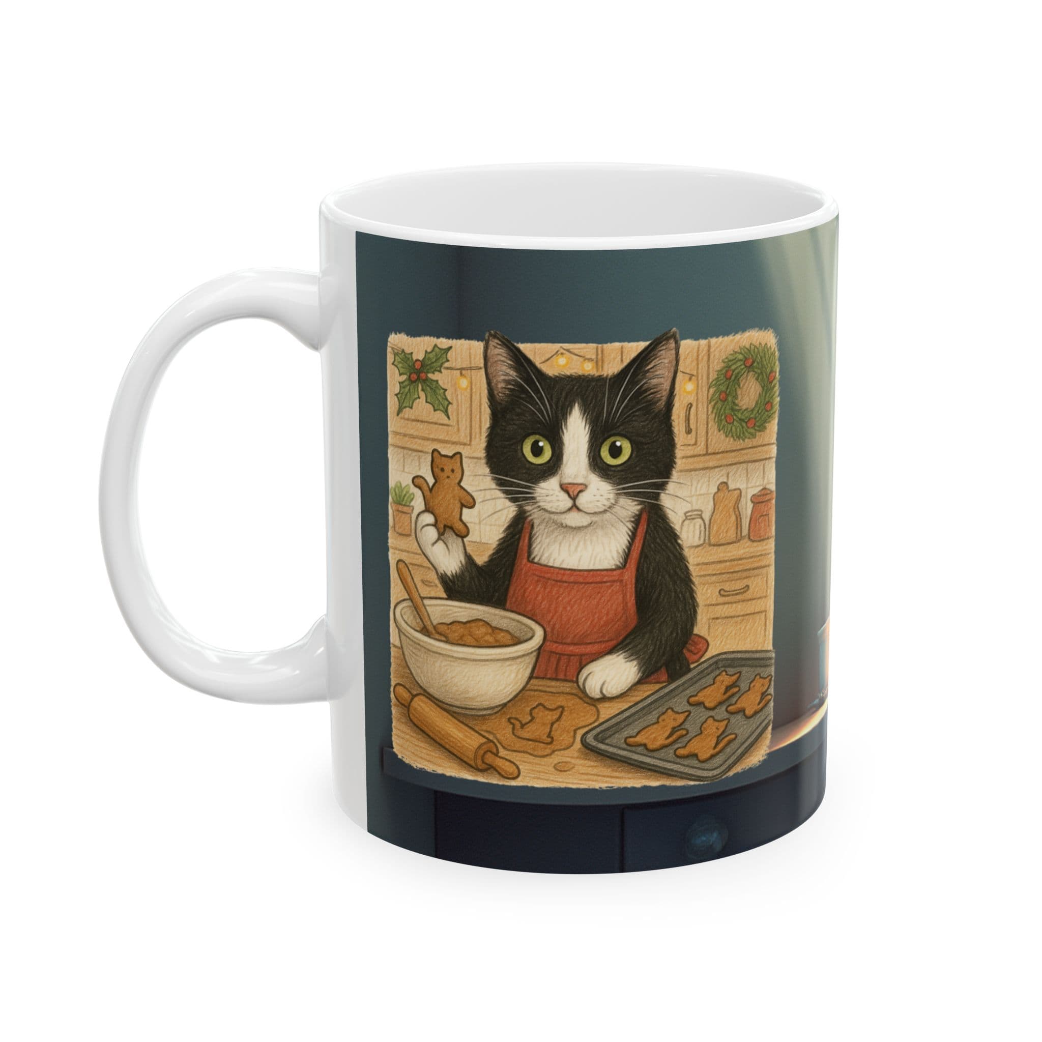 Tuxedo Cat Christmas Mug Gingerbread Baking Cat Art | Cozy Holiday Coffee Cup Gift for Cat Lovers, Bakers, Moms Dads
