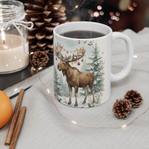 Moose Christmas Mug, Christmas Tree Watercolor Winter Coffee Cup