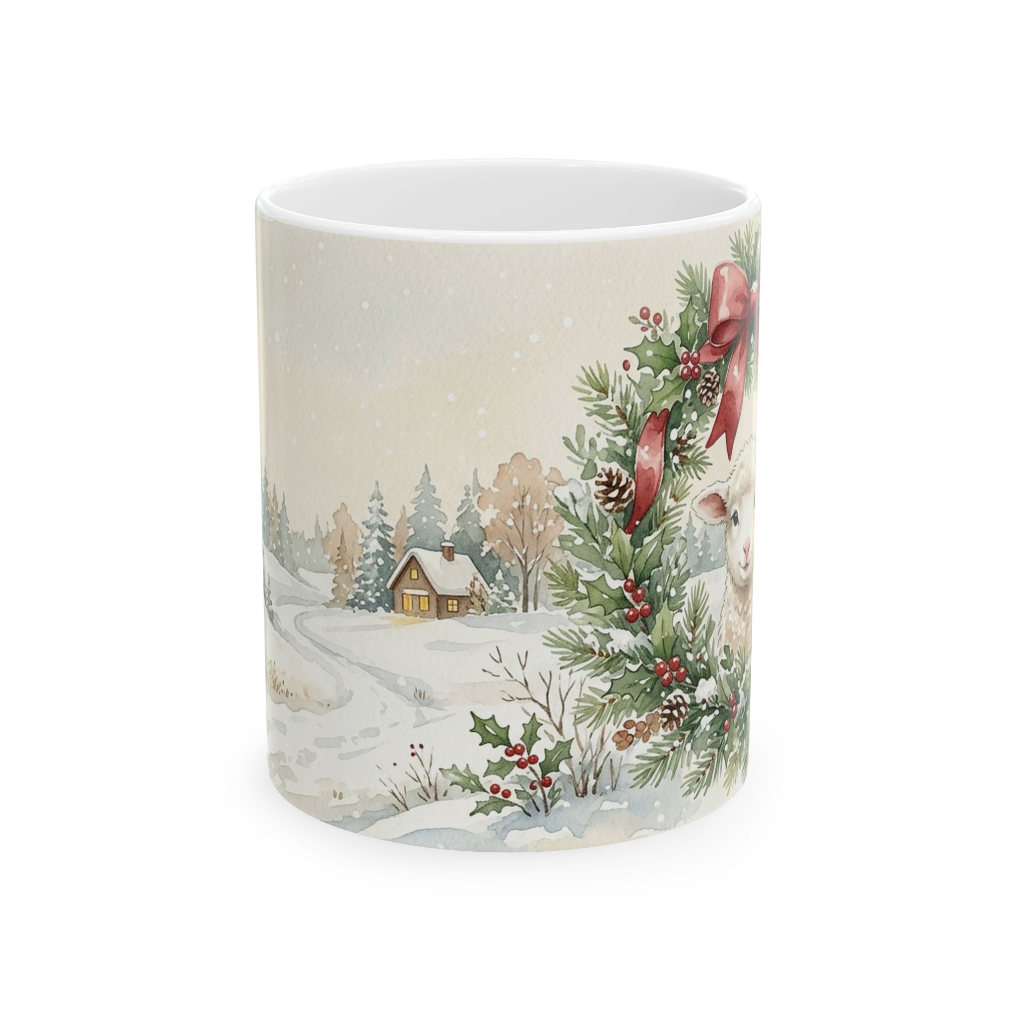 Lamb Christmas Mug, Wreath Watercolor Winter Coffee Cup - Image 2