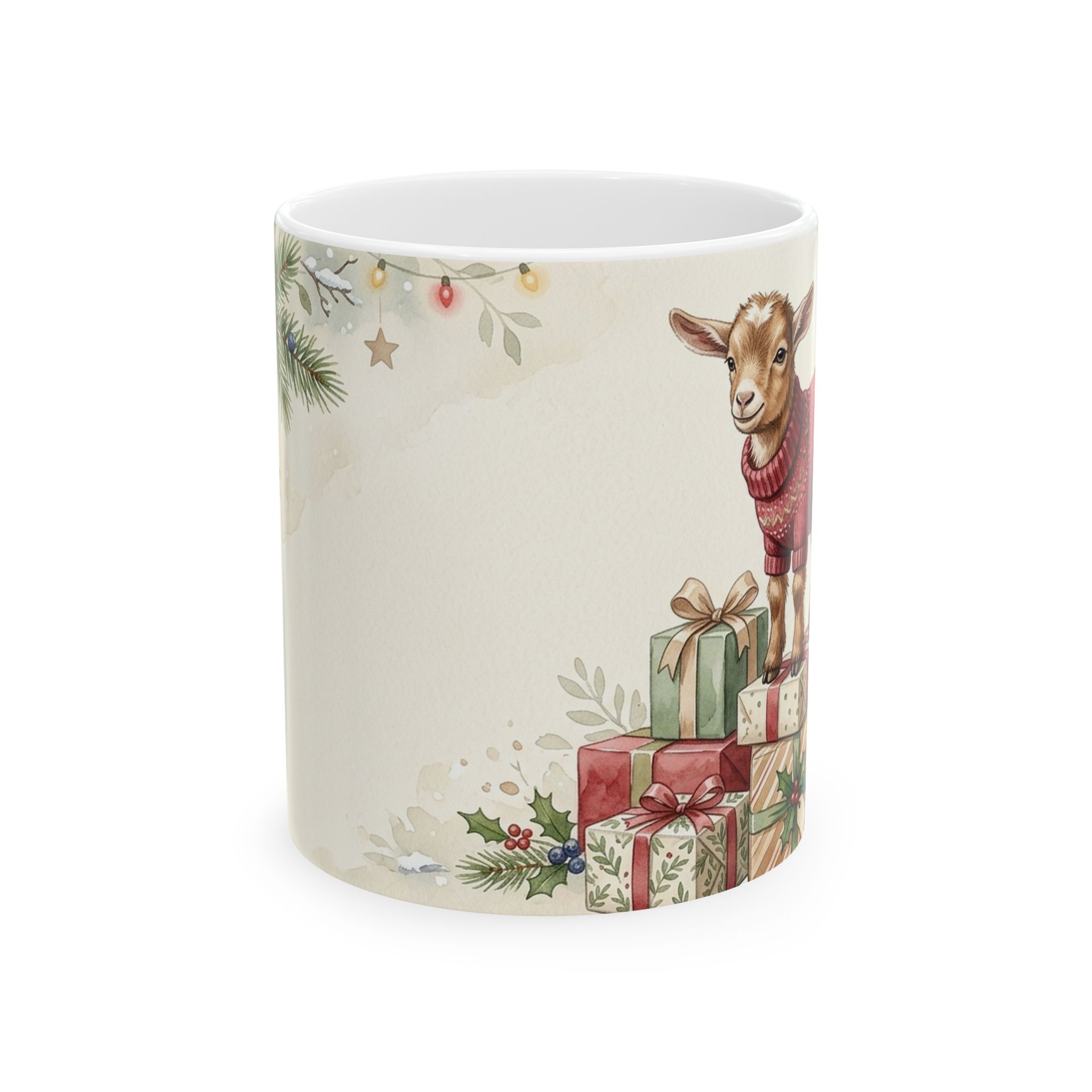 Baby Goat Christmas Mug, Gift Stack Watercolor Winter Coffee Cup - Image 2