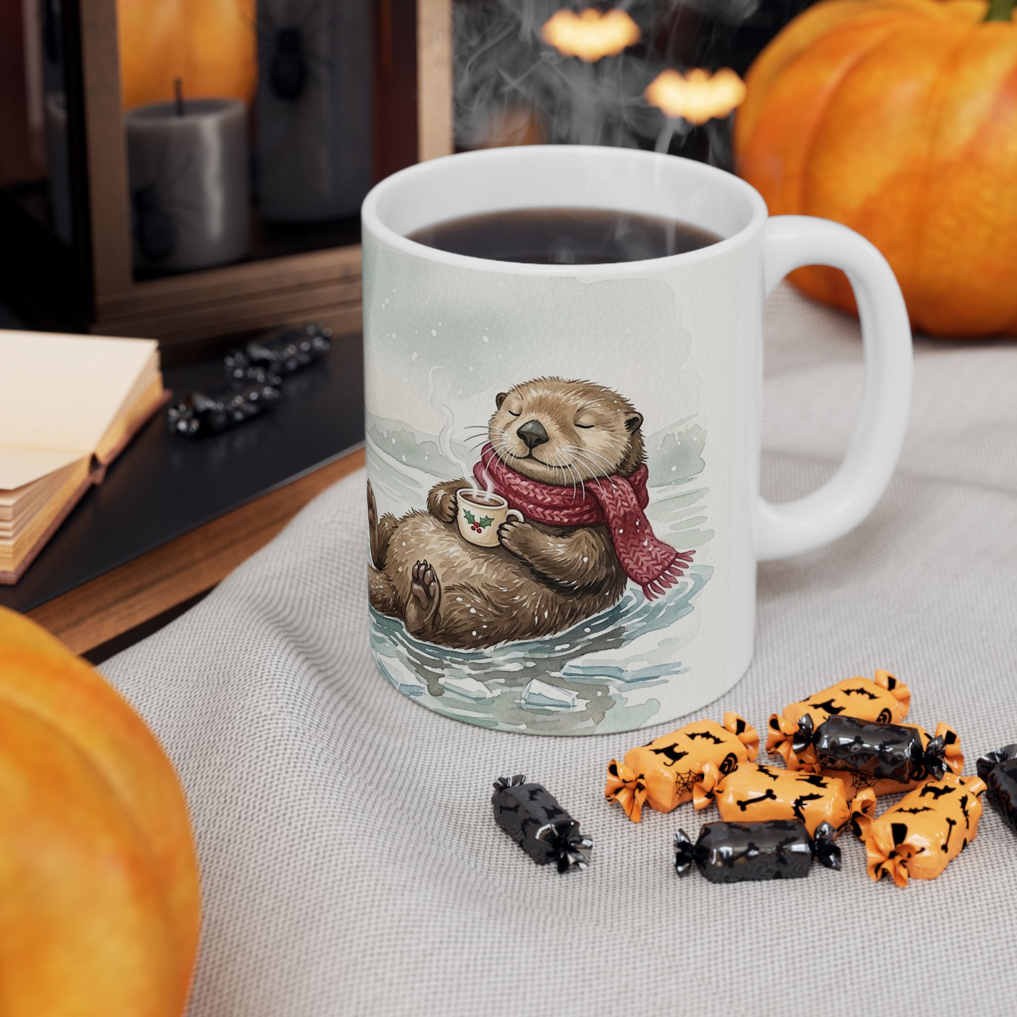 Otter Christmas Mug, Hot Cocoa Float Watercolor Winter Coffee Cup - Image 3