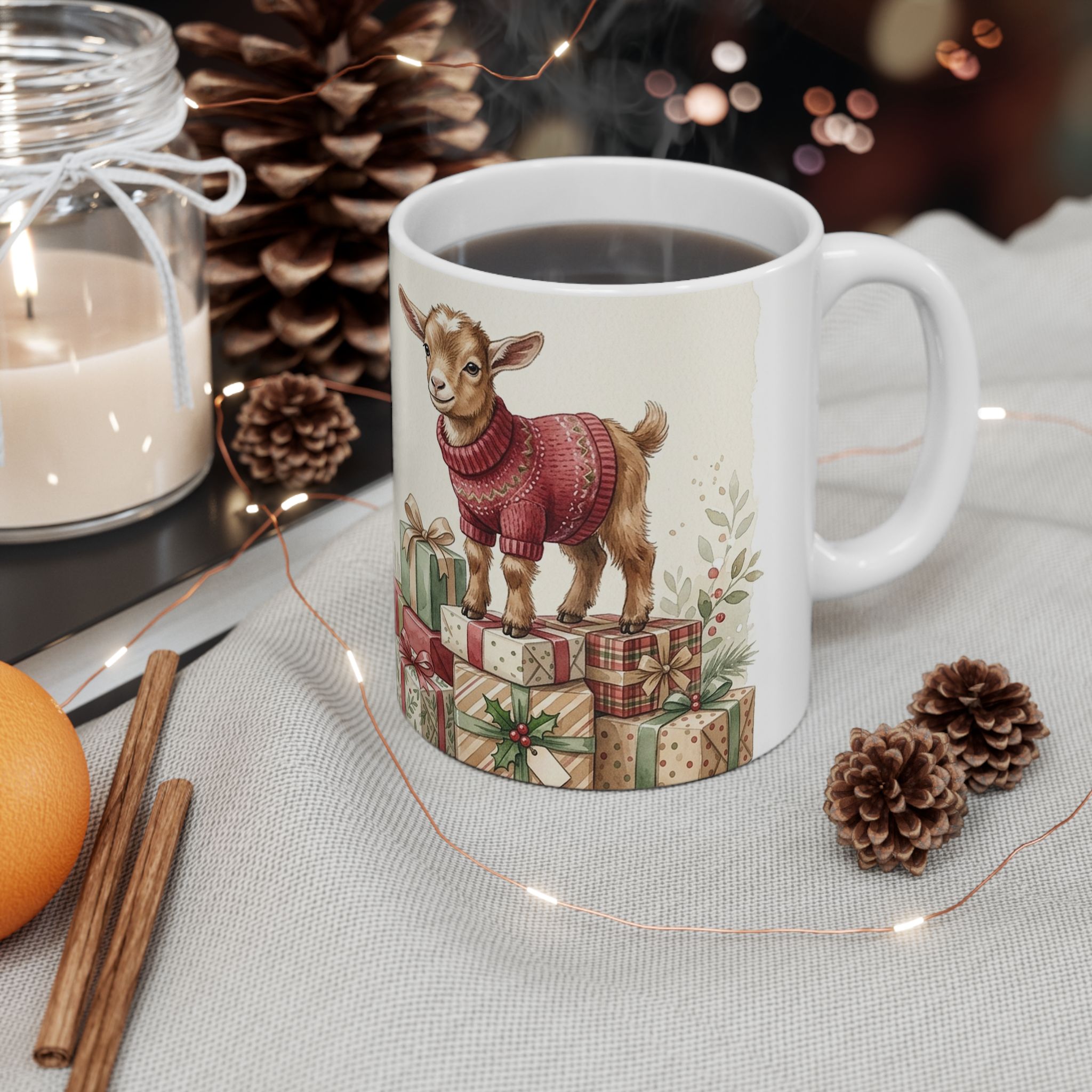 Baby Goat Christmas Mug, Gift Stack Watercolor Winter Coffee Cup