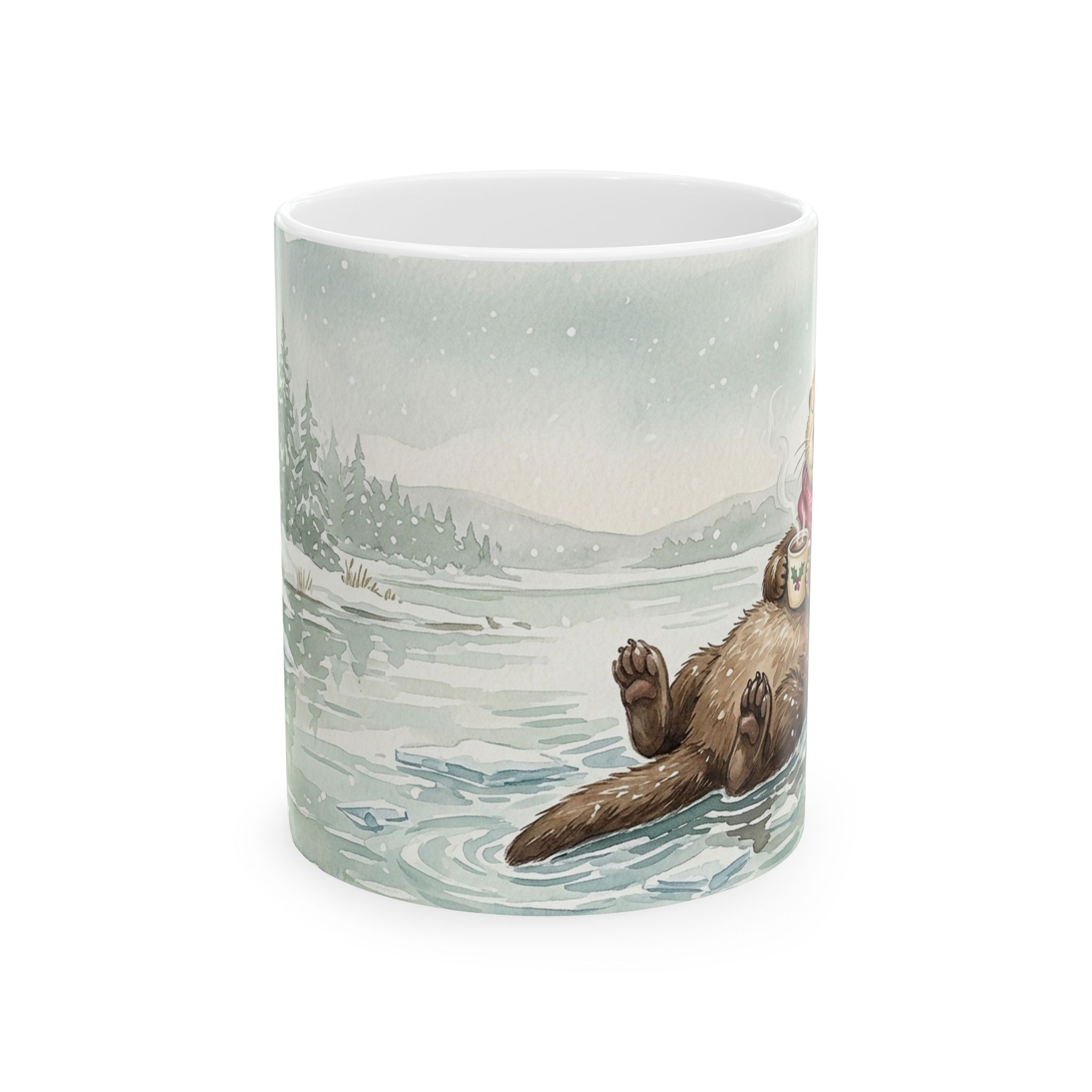 Otter Christmas Mug, Hot Cocoa Float Watercolor Winter Coffee Cup - Image 2