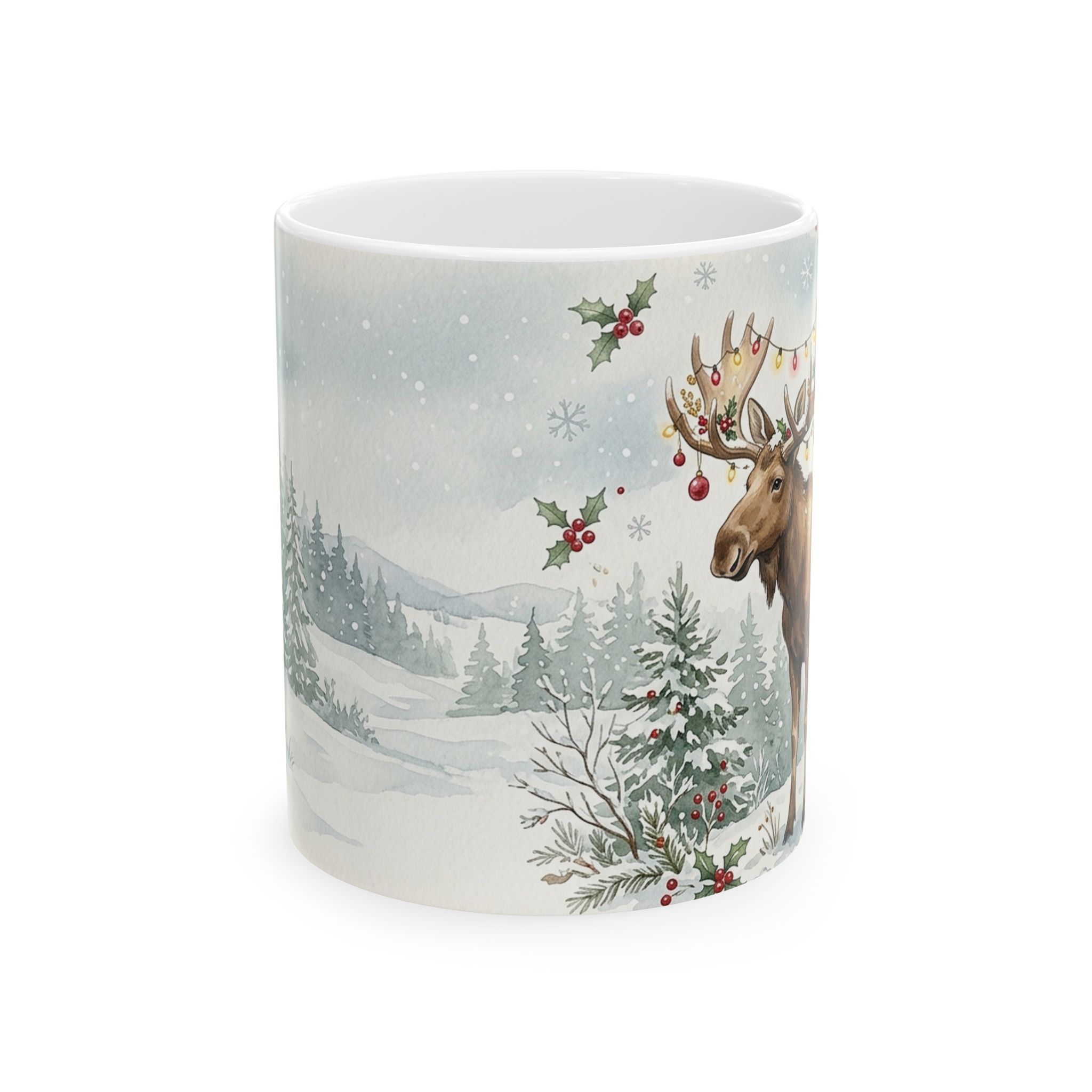 Moose Christmas Mug, Christmas Tree Watercolor Winter Coffee Cup - Image 2