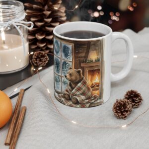 Bear Cub Christmas Mug, Cabin Window Watercolor Winter Coffee Cup