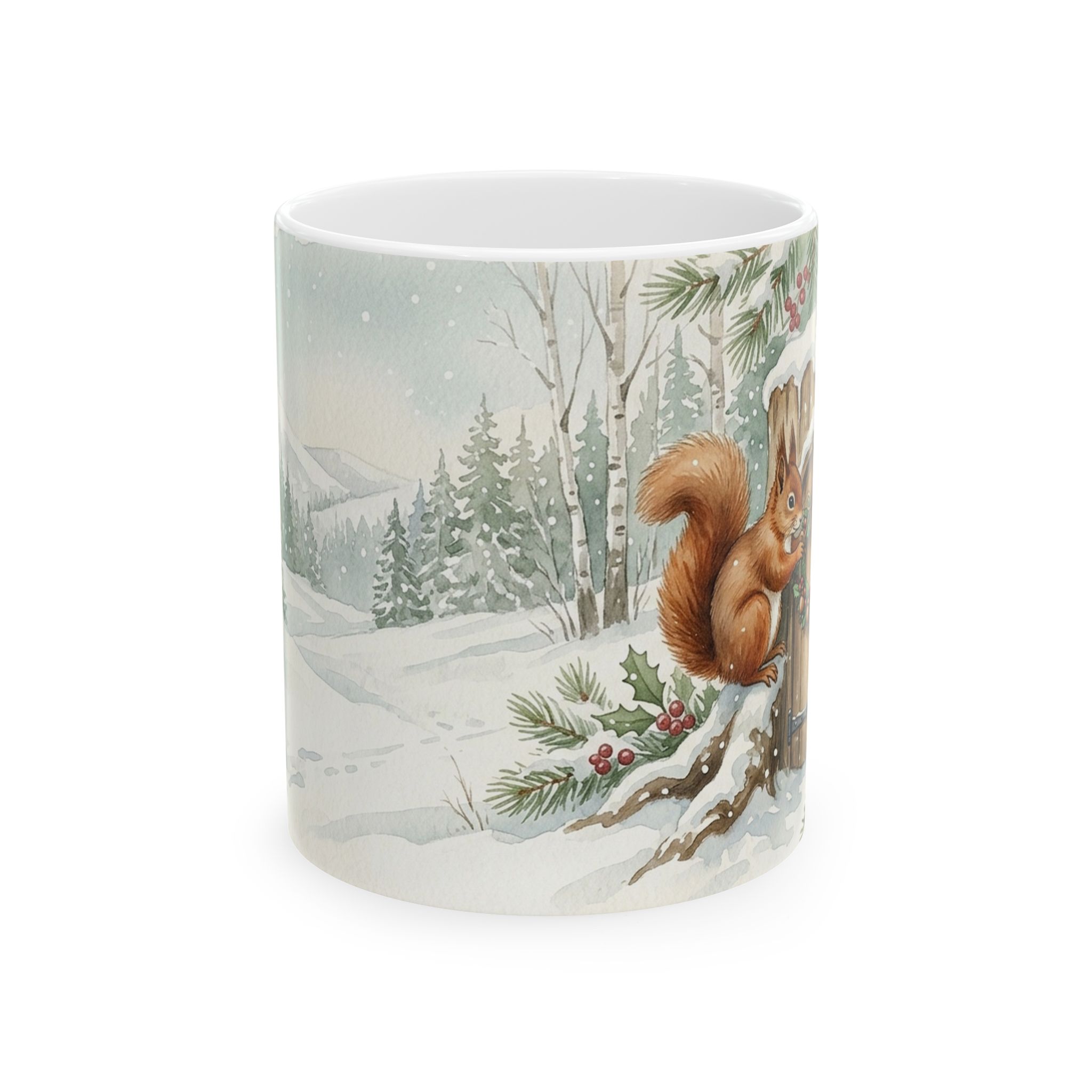 Squirrel Christmas Mug, Acorn Wreath Watercolor Winter Coffee Cup - Image 2