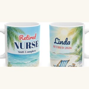 Retired Nurse Mug Personalized with Name, Watercolor Beach, photo 5 of 5
