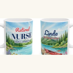 Retired Nurse Mug Personalized with Name, Watercolor Mountain Lake, photo 4 of 5