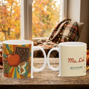 Teacher Mug Personalized with Name, Retro 70s Apple and Books, photo 5 of 5