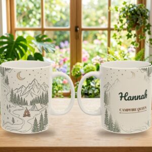 Camping Mug, Personalized Name Minimal Line Art Campfire Queen Coffee Cup, photo 5 of 5