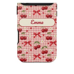 Custom Name Phone Case for iPhone 18 Pro Max, Red Gingham Cherry Bow Coquette Tough Case, photo 5 of 5