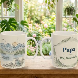 Papa Mug Personalized with Grandkids Names, Minimal Line Art Mountain Lake Coffee Cup, photo 5 of 5