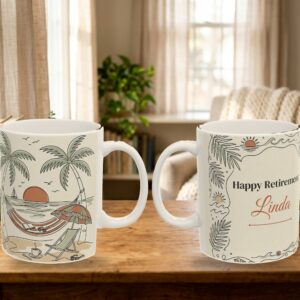 Retirement Coffee Mug Personalized with Name, Minimal Line Art Beach Hammock Cup, photo 5 of 5