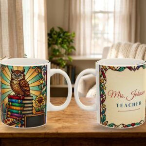Teacher Mug Personalized with Name, Stained Glass Owl and Books Coffee Cup, photo 5 of 5