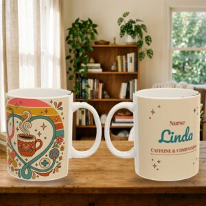 Nurse Mug Personalized Name, Vintage Retro 70s Stethoscope Heart Caffeine and Compassion Coffee Cup, photo 5 of 5