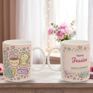 Nurse Mug Personalized Name, Cute Pastel Kawaii Stethoscope Heart Coffee and Kindness Cup, photo 5 of 5