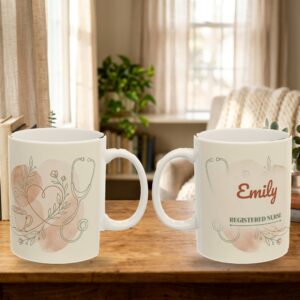 Nurse Mug Personalized Name, Minimal Line Art Stethoscope Heart Registered Nurse Coffee Cup, photo 5 of 5