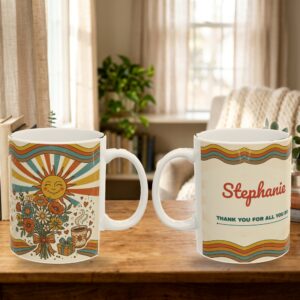Thank You Mug Personalized with Name, Retro 70s Groovy Sunflower, photo 5 of 5