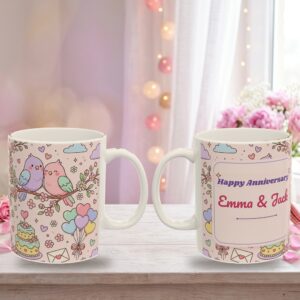 Anniversary Mug with Couple Names, Cute Pastel Lovebirds Personalized Coffee Cup, photo 5 of 5