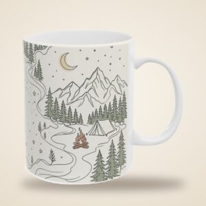 Camping Mug, Personalized Name Minimal Line Art Campfire Queen Coffee Cup, photo 4 of 5