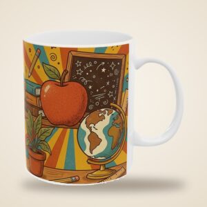 Teacher Mug Personalized with Name, Retro 70s Apple and Books, photo 4 of 5