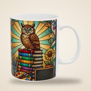 Teacher Mug Personalized with Name, Stained Glass Owl and Books Coffee Cup, photo 4 of 5