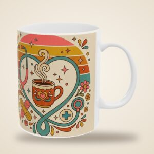 Nurse Mug Personalized Name, Vintage Retro 70s Stethoscope Heart Caffeine and Compassion Coffee Cup, photo 4 of 5
