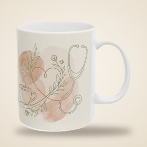 Nurse Mug Personalized Name, Minimal Line Art Stethoscope Heart Registered Nurse Coffee Cup, photo 4 of 5