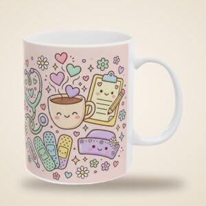 Nurse Mug Personalized Name, Cute Pastel Kawaii Stethoscope Heart Coffee and Kindness Cup, photo 4 of 5