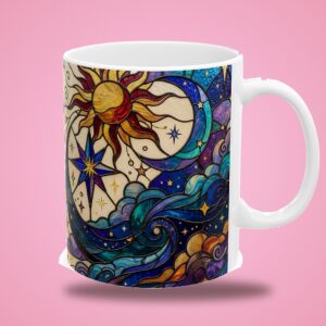 Custom Name Mug, Personalized Stained Glass Moon Sun and Stars Coffee Cup, photo 3 of 5
