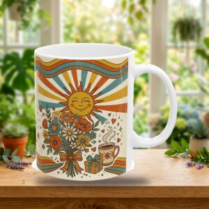 Thank You Mug Personalized with Name, Retro 70s Groovy Sunflower, photo 3 of 5