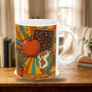 Teacher Mug Personalized with Name, Retro 70s Apple and Books, photo 3 of 5