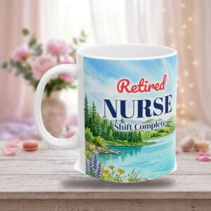 Retired Nurse Mug Personalized with Name, Watercolor Mountain Lake, photo 3 of 5