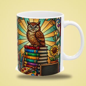 Teacher Mug Personalized with Name, Stained Glass Owl and Books Coffee Cup, photo 3 of 5