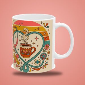 Nurse Mug Personalized Name, Vintage Retro 70s Stethoscope Heart Caffeine and Compassion Coffee Cup, photo 3 of 5