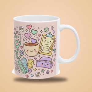 Nurse Mug Personalized Name, Cute Pastel Kawaii Stethoscope Heart Coffee and Kindness Cup, photo 3 of 5