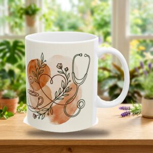 Nurse Mug Personalized Name, Minimal Line Art Stethoscope Heart Registered Nurse Coffee Cup, photo 3 of 5