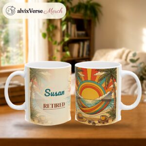 Retirement Mug, Personalized Name Vintage Retro Beach Hammock Retired Coffee Cup, photo 2 of 5