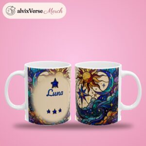 Custom Name Mug, Personalized Stained Glass Moon Sun and Stars Coffee Cup, photo 2 of 5