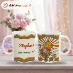 Thank You Mug Personalized with Name, Retro 70s Groovy Sunflower, photo 2 of 5