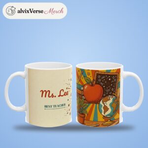 Teacher Mug Personalized with Name, Retro 70s Apple and Books, photo 2 of 5