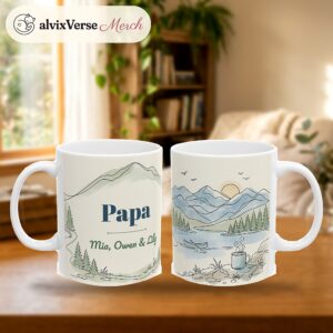 Papa Mug Personalized with Grandkids Names, Minimal Line Art Mountain Lake Coffee Cup, photo 2 of 5