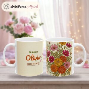 Birth Flower Mug October, Personalized Name, photo 2 of 5