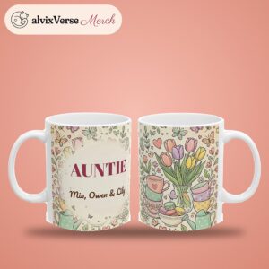 Auntie Mug, Personalized Pastel Floral Coffee Cup with Nieces and Nephews Names (11oz), photo 2 of 5