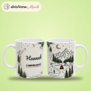 Camping Mug, Personalized Name Minimal Line Art Campfire Queen Coffee Cup, photo 2 of 5