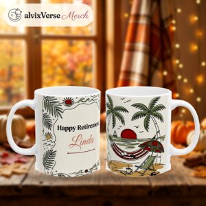 Retirement Coffee Mug Personalized with Name, Minimal Line Art Beach Hammock Cup, photo 2 of 5