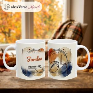 Football Mug Personalized Name, Minimal Line Art Football Fan Custom Coffee Cup, photo 2 of 5