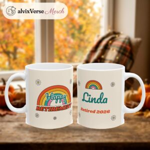 Happy Retirement Mug Personalized, Groovy Rainbow Retirement Gift for Women, photo 2 of 5
