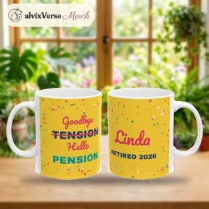 Funny Retirement Mug Personalized with Name, Goodbye Tension Hello Pension, photo 2 of 5